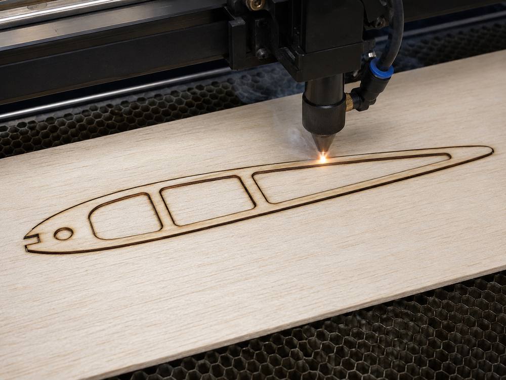 Laser cutting a balsa wing profile from a prepared DXF file